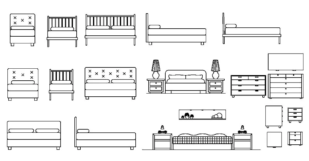 Bed CAD Blocks – Free DWG 2D Plan and Elevation
