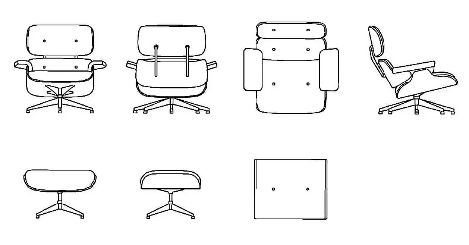 Eames Lounge Chair Ottoman CAD Blocks – Free DWG 2D Plan and Elevation