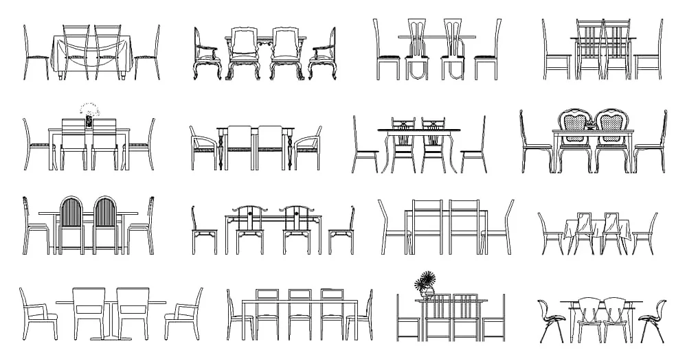 16 Dining Table CAD Blocks – Free DWG 2D Plan and Elevation