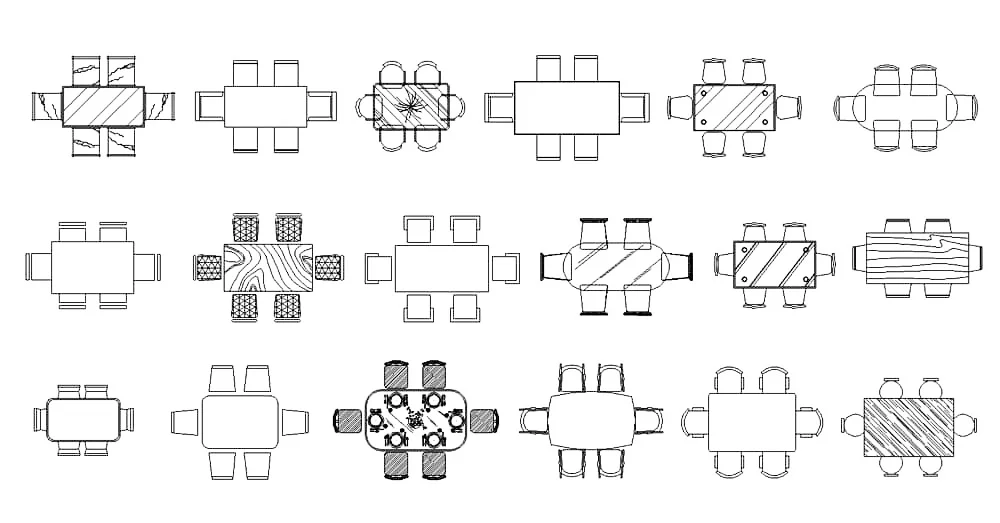 6 Seater Rectangular Dining Room CAD Blocks – Free DWG 2D Plan