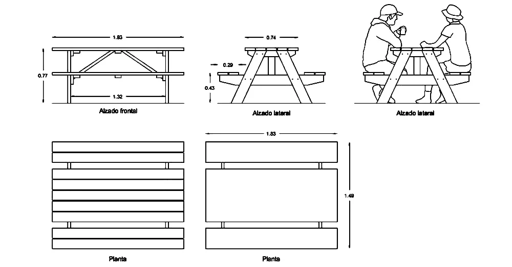 Picnic Table CAD Blocks – Free DWG 2D Plan and Elevation