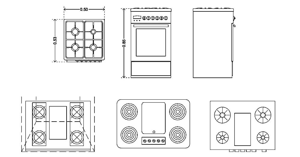 Stove CAD Blocks – Free DWG 2D Plan and Elevation