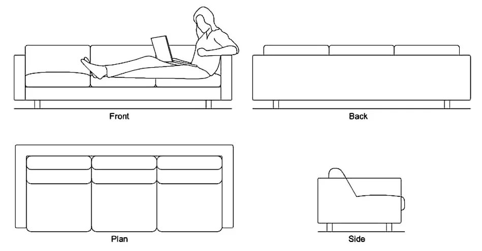 3 Seat Sofa CAD Block – Free DWG 2D Plan and Elevation
