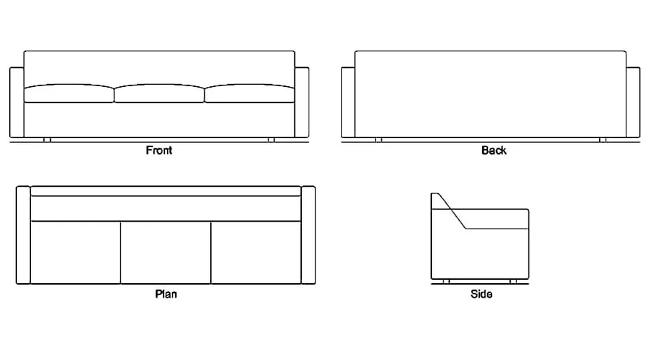 3 Seater Sofa CAD Blocks – Free DWG 2D Plan and Elevation