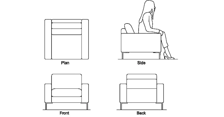 Armchair CAD Block – Free DWG 2D Plan and Elevation