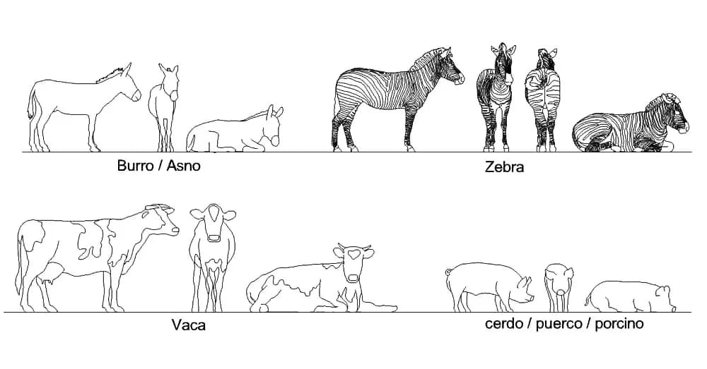 Cow Zebra Donkey Pig CAD Blocks – Free DWG 2D Plan and Elevation