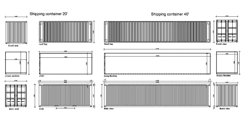 Shipping Containers 20 40 Feet CAD Blocks – Free DWG 2D Plan and Elevation