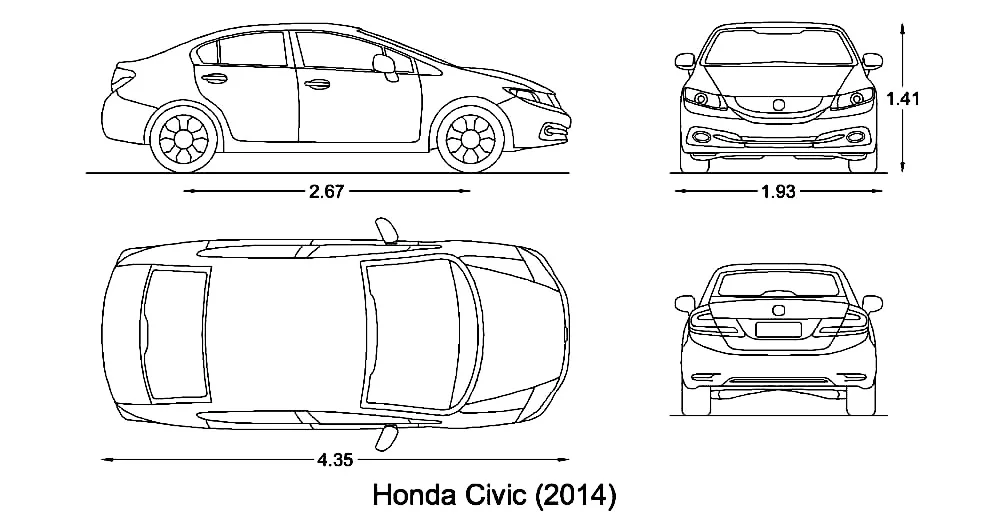 Honda Civic Car CAD Block – Free DWG 2D Plan and Elevation